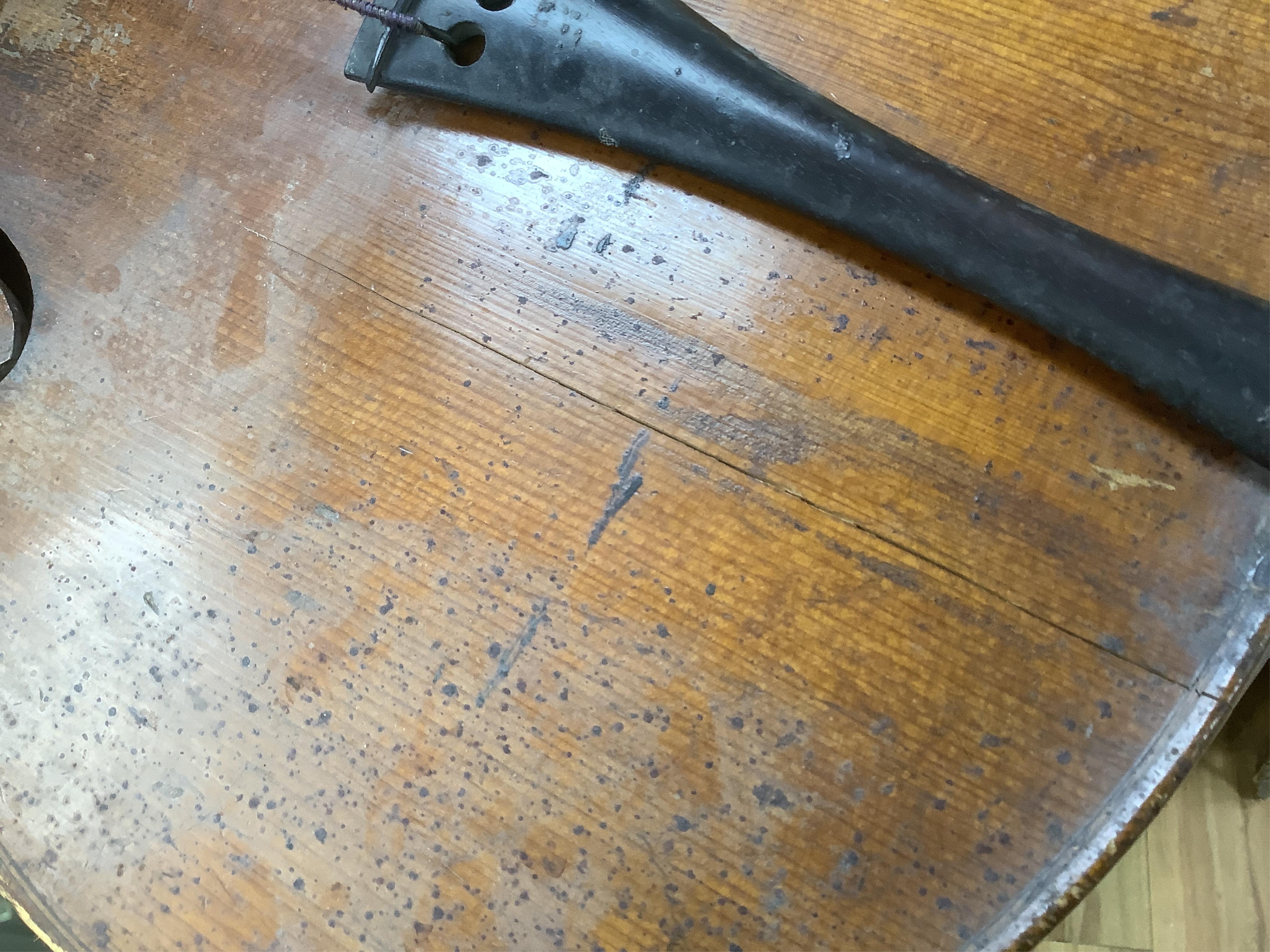 A late 19th century small cello, unsigned and without label inside body, stamped inventory number 769, length of back 62cm. Condition - poor to fair